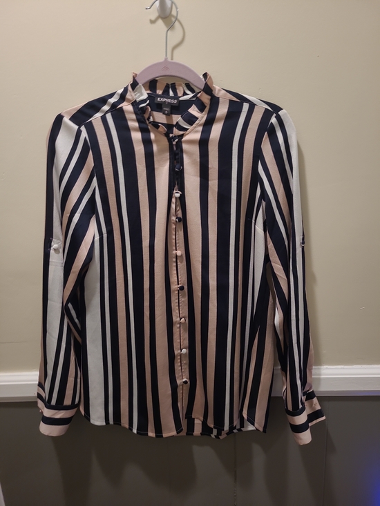 Express Tops - Express Womens Medium Pink/black Striped Button Up Blouse Long Sleeve